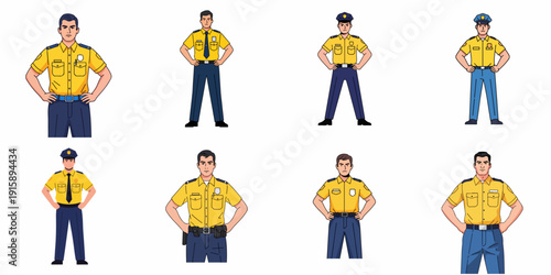 Set of eight vector illustrations depicting male police or security officers in yellow shirts and blue trousers, standing confidently with hands on hips in various uniform styles.