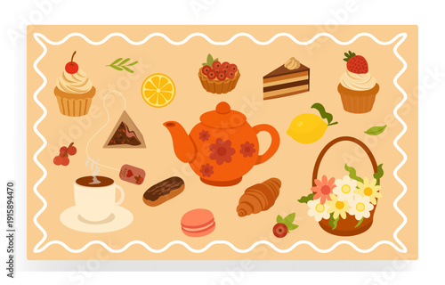 A set of hand-drawn vector tea-themed icons. Teapot, mug, saucer, croissants, macarons, eclairs, muffins, tartlet, lemon, and flower basket. Banner, poster, postcard, menu, and recipe.