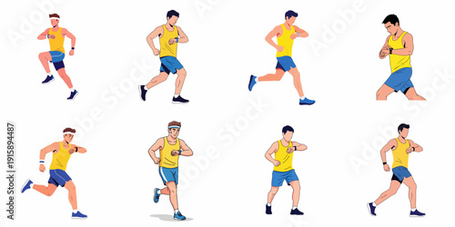 Dynamic set of running men vector illustrations, showing various jogging poses and checking smartwatches for fitness tracking, isolated on white.