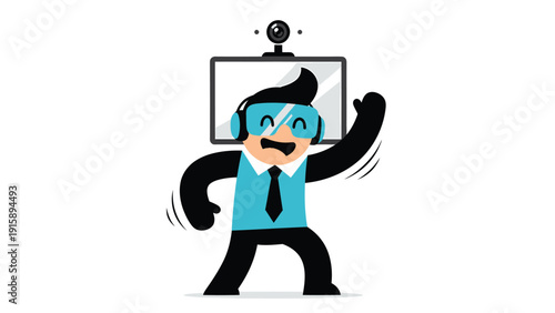 Joyful cartoon character wearing VR headset and webcam, immersed in virtual reality and online streaming