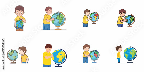 Vector illustration set featuring a young boy engaging with a terrestrial globe, representing childhood education, geography lessons, discovery, and learning about the world.