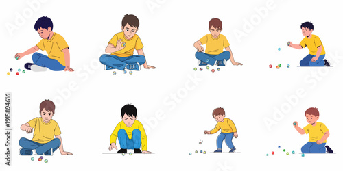 Boys Playing Marbles Game Set: Collection of Illustrations Depicting Children Enjoying Traditional Outdoor Play and Childhood Fun.