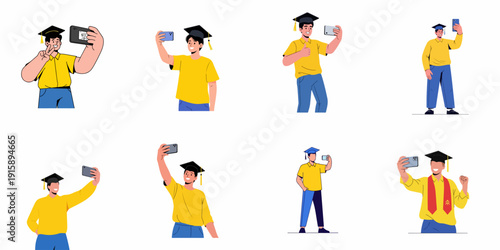 Collection of flat vector illustrations depicting a smiling young male student in a graduation cap taking selfies with a smartphone to celebrate academic achievement.