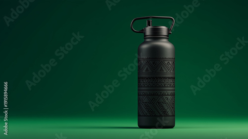 Black insulated water bottle with handle on green background