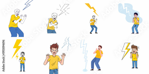 Collection of vector illustrations showing scared men reacting to lightning bolts, representing fear, panic, sudden danger, stress, or emotional shock.