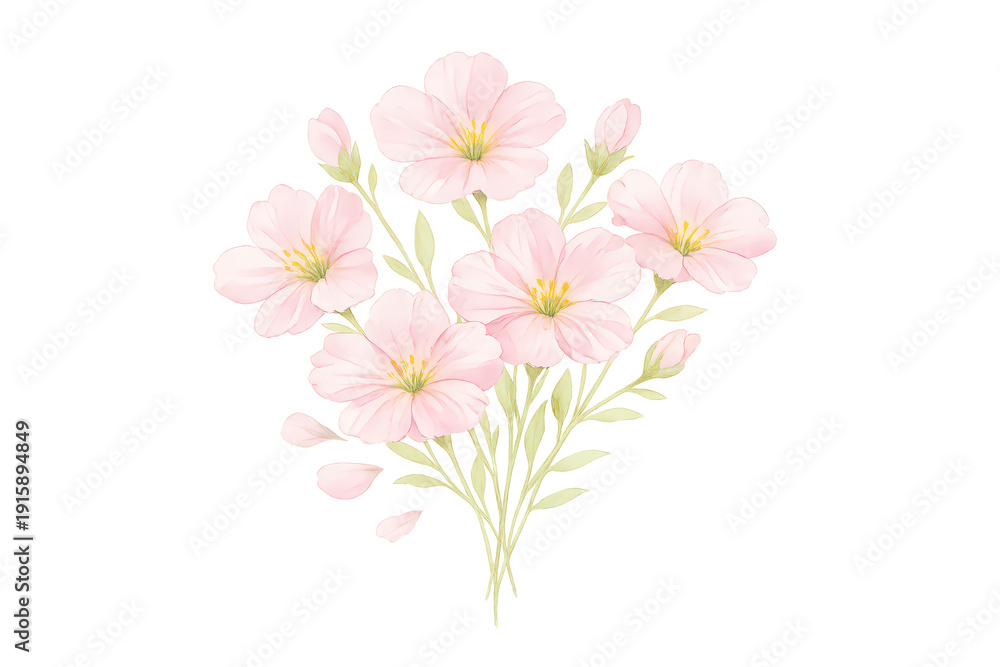 Obraz premium Pink watercolor flower bouquet illustration. Blooming gentle spring botanical with soft petals and green leaves, transparent background