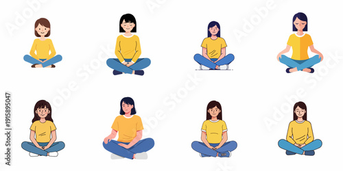 Eight distinct illustrations of young women sitting cross-legged, demonstrating various poses, emotions, and styles related to relaxation, meditation, and healthy lifestyle.