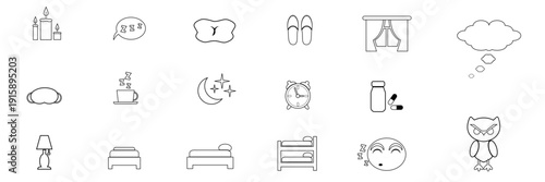 Conjunto de iconos de sueño, dormir y noche: almohada, cama, búho, reloj, velas, taza, velador, ventana, pantuflas y luna con estrella. Ilustración Vectorial en blanco y negro con estilo minimalista.	