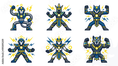 Set of Powerful Cartoon Superhero and Mascot Characters with Lightning. Robot, Warrior, and Animal-Themed Vector Illustrations.