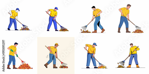 People Raking Autumn Leaves Illustration Set: Fall Yard Work and Seasonal Cleanup.