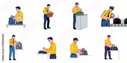 Collection of illustrations depicting security checks, baggage inspection, and men organizing or carrying different types of travel luggage and personal bags.