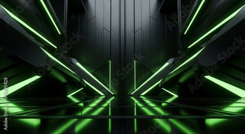 Futuristic Dark Hallway With Neon Green Light Accents And Reflective Floor