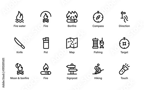 Camping Outdoor Adventure Travel Icons modern adventure symbols showcasing tents, tools, maps and outdoor activities