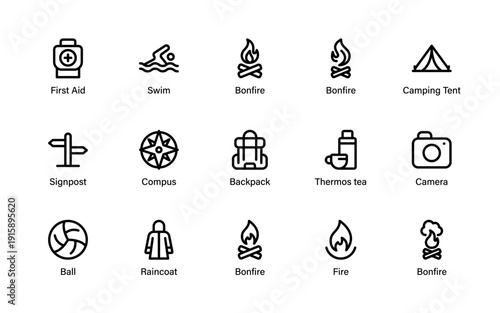 Camping Outdoor Adventure Travel Icons detailed camping essentials collection with navigation, fire, tools and nature themes