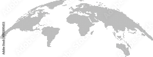 Stylized halftone grayscale world map showing continents curved to resemble globe projection