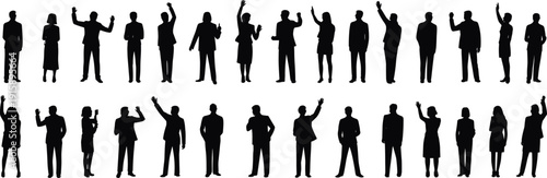 Collection of 24 black silhouettes of people standing and waving, business attire figures, unity concept, diversity representation, social interaction, welcoming gesture illustration