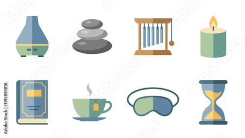 Relaxation & Wellness Flat Icons. Essential oil diffuser, spa stones, wind chimes, candle, book, tea, sleep mask, hourglass for calm.