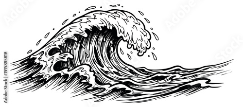Hand drawn illustration of an ocean wave depicting powerful crashing for marine design