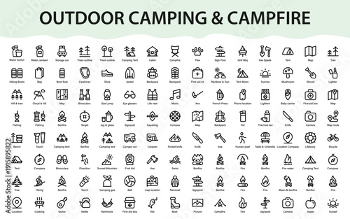 Outdoor camping and adventure icon set featuring tent, campfire, hiking gear, navigation tools, survival equipment, nature and travel essentials