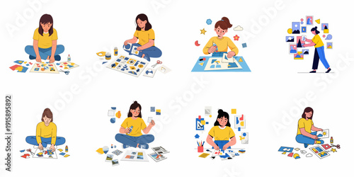 Vector illustrations of young women creating mood boards, collages, and paper crafts, showcasing creativity, artistic process, and design concepts.