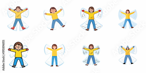 Vector illustration set of eight girls making snow angels in winter snow, depicting fun winter activities and childhood joy.