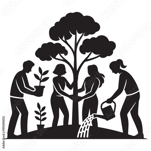 Group of volunteers planting and watering a tree together for environmental conservation