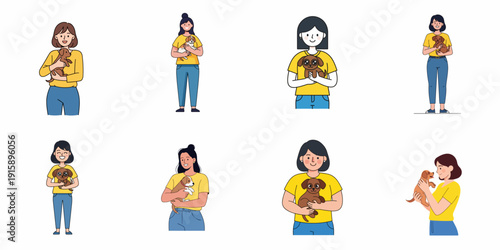 Set of diverse women lovingly holding small puppies, depicting pet ownership and animal affection in a flat design style.