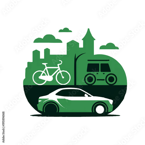 Green transportation options with bicycle van and car in a circular city background