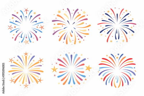 Colorful firework displays arranged in a grid formation on a white background