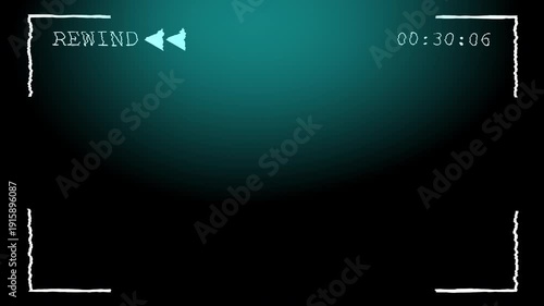VHS rewind animation with blue light leak effect and distortion noise. Big rewind arrows and timecode, 4K alpha channel transparent background, seamless retro VCR overlay loop.