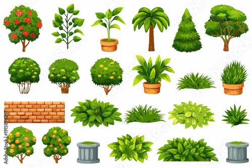 Collection of various green trees shrubs and plants in illustration style