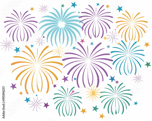 Colorful fireworks explode in a festive display against a white background