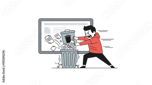 Man aggressively deleting digital files and documents, illustrating data cleanup, system decluttering, and efficient file disposal.