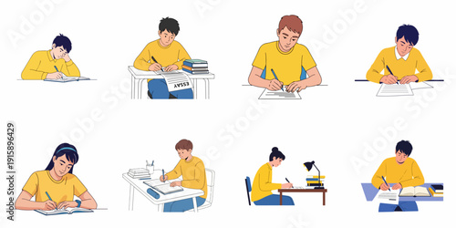 Set of illustrations showing diverse students studying, writing essays, preparing for exams, and doing homework in various academic settings.
