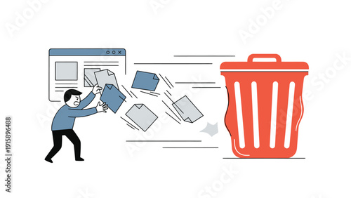Digital File Deletion. Man moving documents from browser to trash can. Data removal, cleanup, and privacy concept.