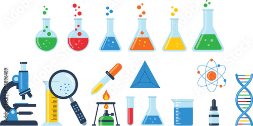 Colorful scientific lab equipment and biology symbols including flasks, microscope, DNA helix, atomic model, and chemistry tools for education and research visuals.