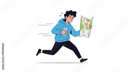 Worried young man running with map and smartphone, urgently navigating a location. Lost or late concept illustration.