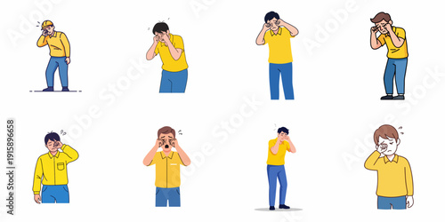 Set of eight illustrations depicting men rubbing their eyes, indicating tiredness, sadness, eye discomfort, or emotional distress.