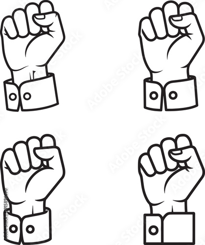 Four raised fists in different positions in line art style