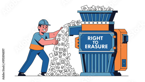 Right to Erasure concept: Man shredding documents for data privacy and information deletion