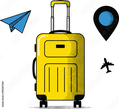A bright yellow suitcase with a handle and wheels stands ready for travel, accompanied by travel symbols around it.