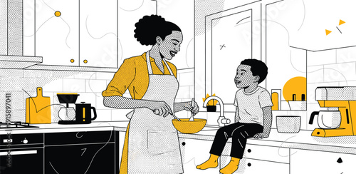 Mother and Child Preparing Breakfast Together in a Modern Kitchen