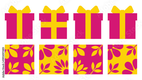 Vibrant Pink and Yellow Gift Boxes with Decorative Leaf Patterns Vector Set
