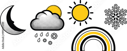 A collection of weather elements including moon, cloud, sun, snowflake, and rainbow icons displayed together