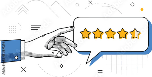 Hand holding a speech bubble with five stars, indicating a positive review or rating in a simple, illustrated graphic
