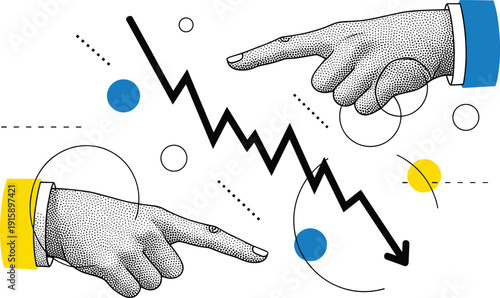 Hands pointing in opposite directions amidst abstract geometric shapes and dynamic arrow movements in a monochrome illustration