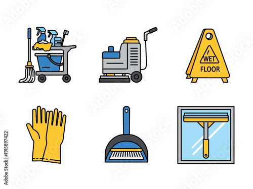 Set of cleaning equipment icons including a mop bucket, floor polisher, wet floor sign, gloves, dustpan, and squeegee