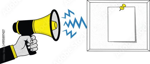 Hand holding megaphone near a blank notice board in a public area