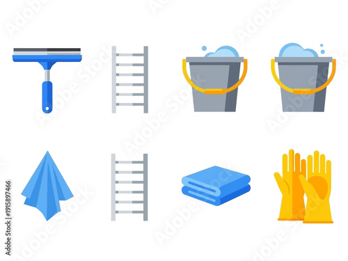 Set of cleaning tools and supplies for washing windows and surfaces, including squeegee, buckets, cloths, and gloves