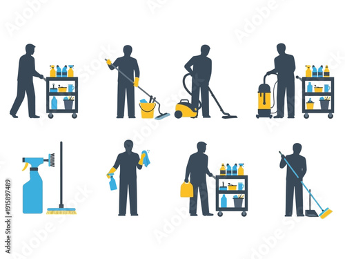 Cleaning service icons featuring people with brooms, mops, vacuums and cleaning supplies